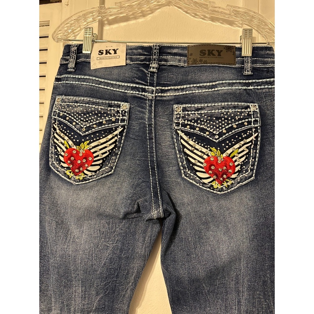 SKY Premium Collection Low Rise Boot Cut Jeans Size 13/31 Embellishments